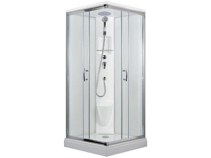 2600 13 sprchovy box smaragd model 3 ctverec s vanickou z liteho mramoru sedatkem polickou a stropem s horni sprchou cire sklo