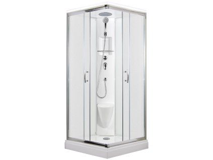 2603 13 sprchovy box smaragd model 3 ctverec s vanickou z liteho mramoru sedatkem polickou a stropem s horni sprchou matne chinchila sklo