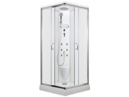 2579 13 masazni sprchovy box smaragd model 5 ctverec s vanickou z liteho mramoru masaznimi tryskami a stropem s horni sprchou matne chinchila sklo